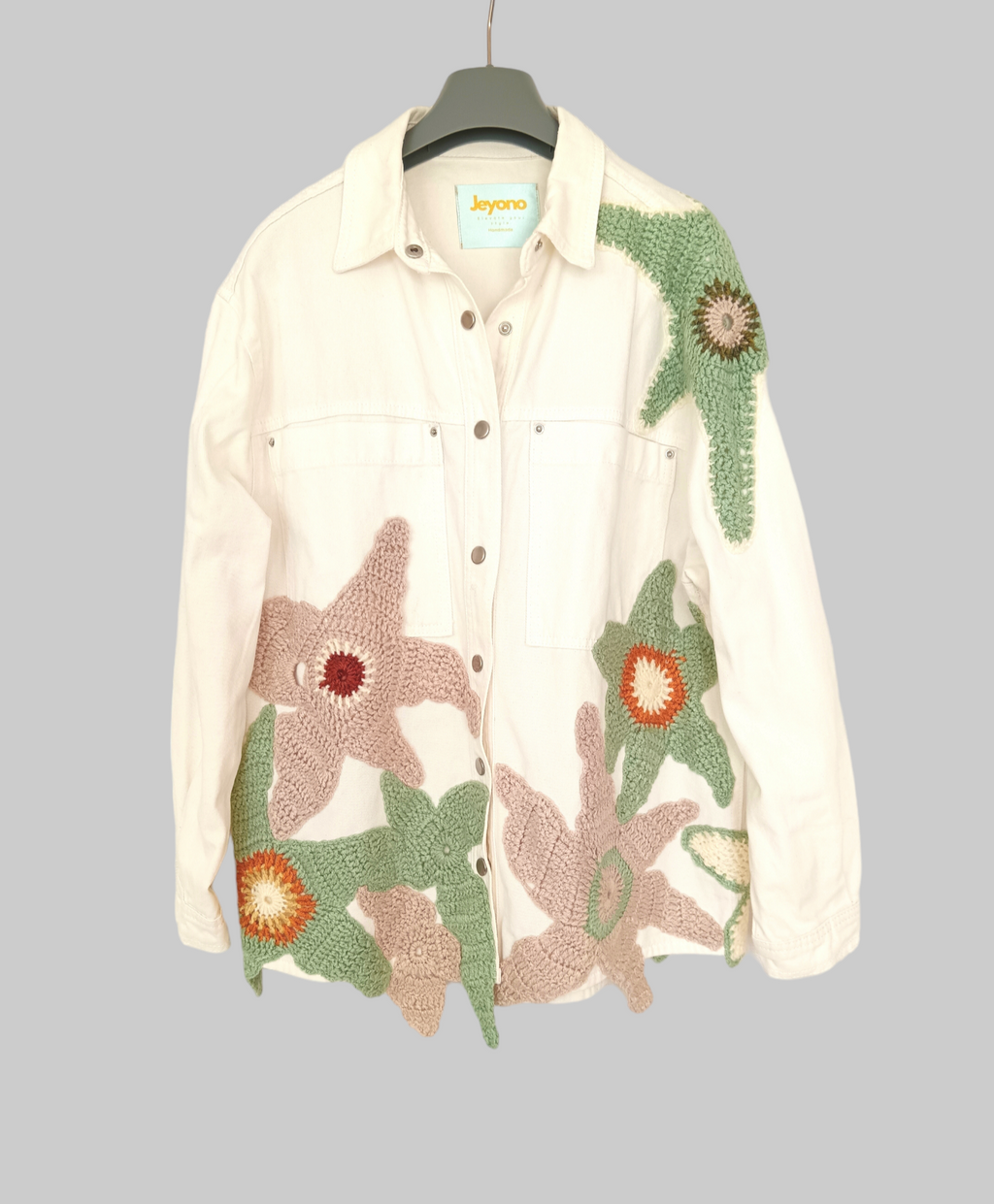 Hand-Knitted Denim Jacket: Unique Floral Design, Size L