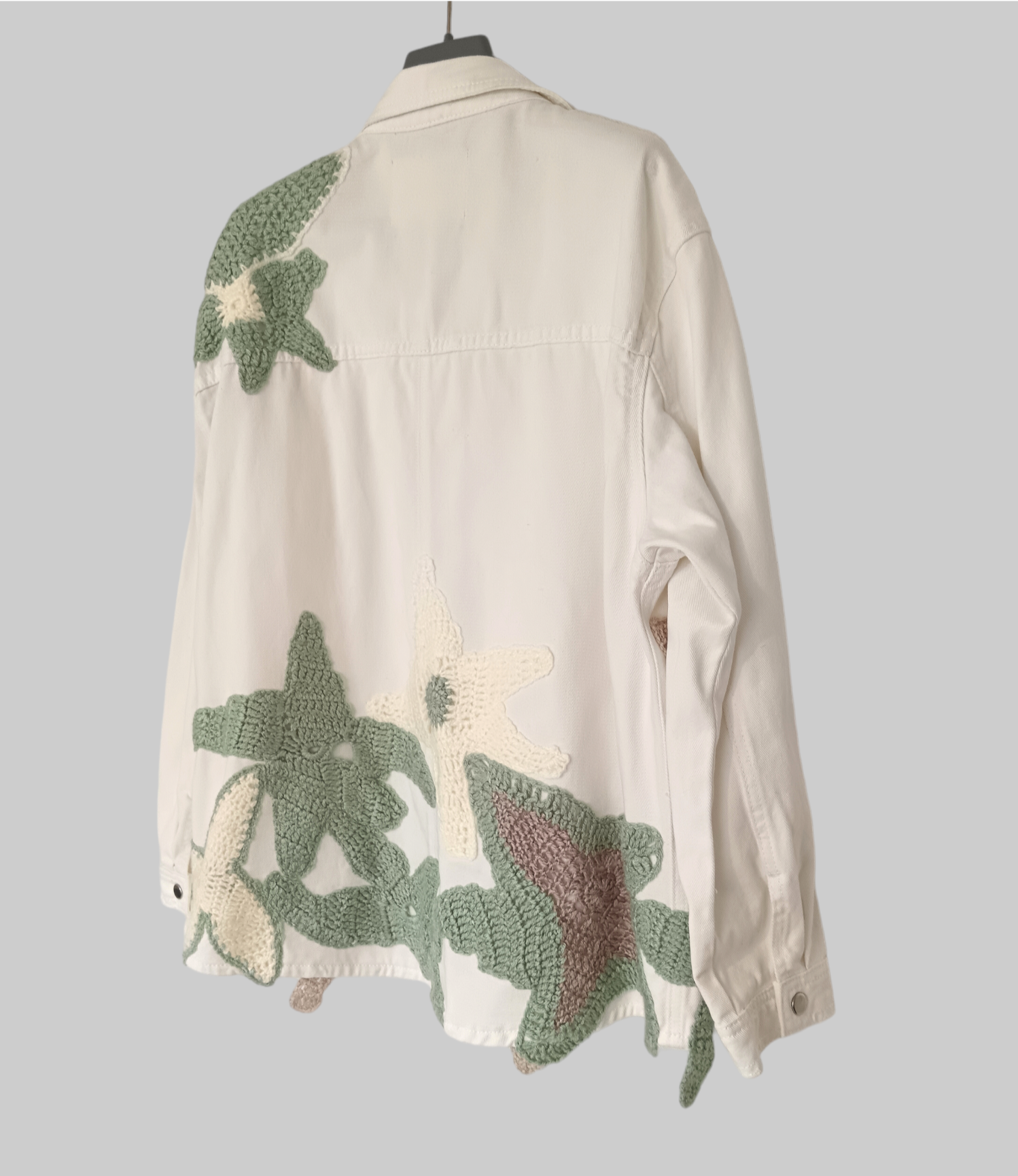 Hand-Knitted Denim Jacket: Unique Floral Design, Size L