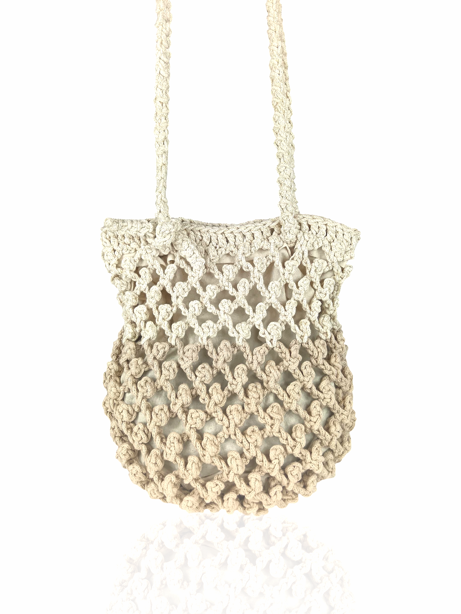 Handmade Mesh Crochet Tote – Cream Yarn with Dual Handles