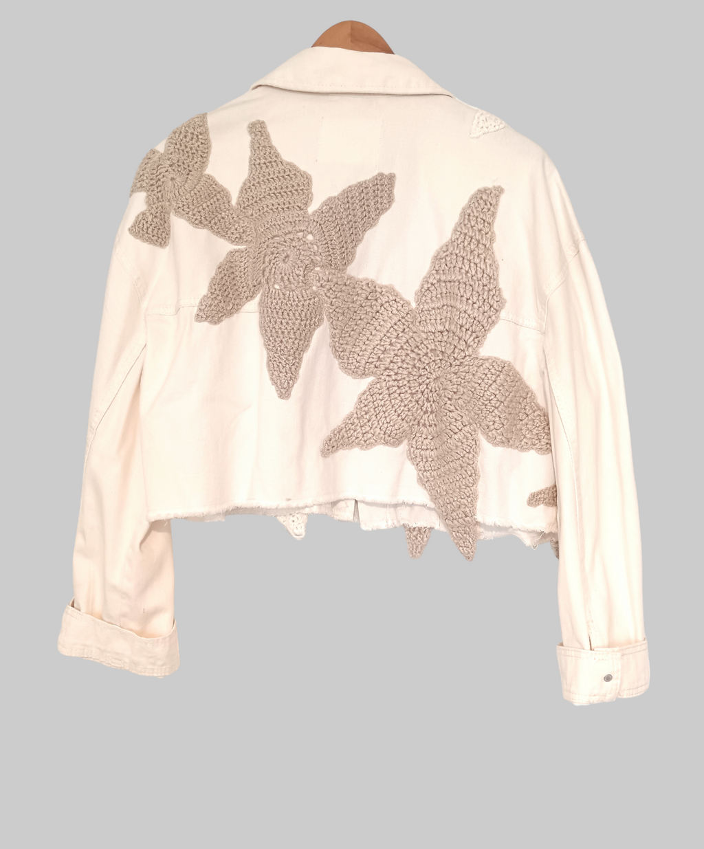 Hand-Knitted Denim Jacket: Unique Crochet Embellishments (Size L)