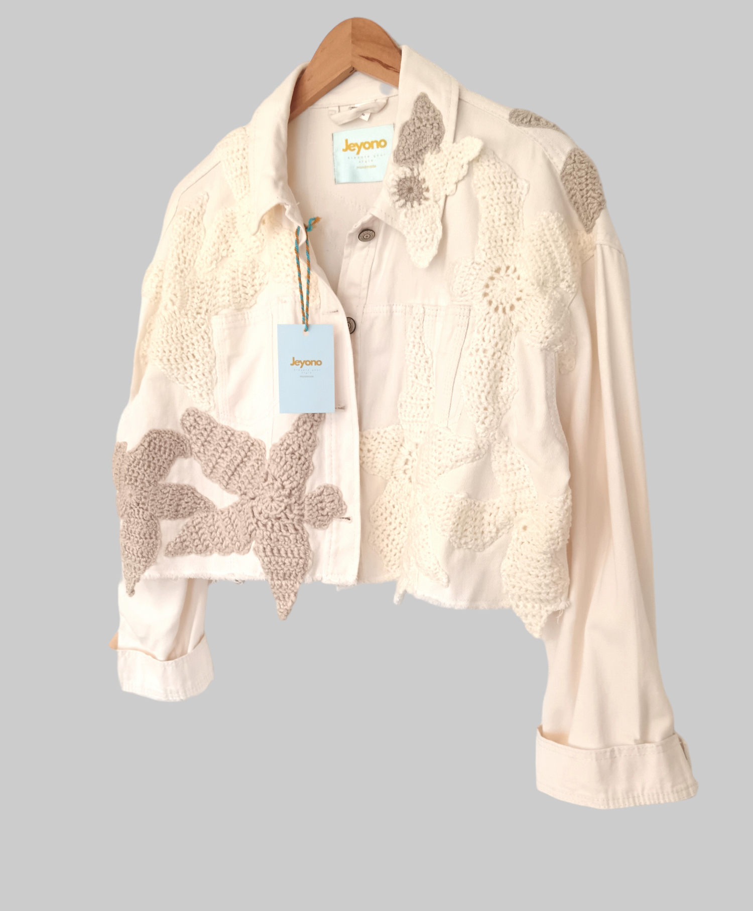 Hand-Knitted Denim Jacket: Unique Crochet Embellishments (Size L)